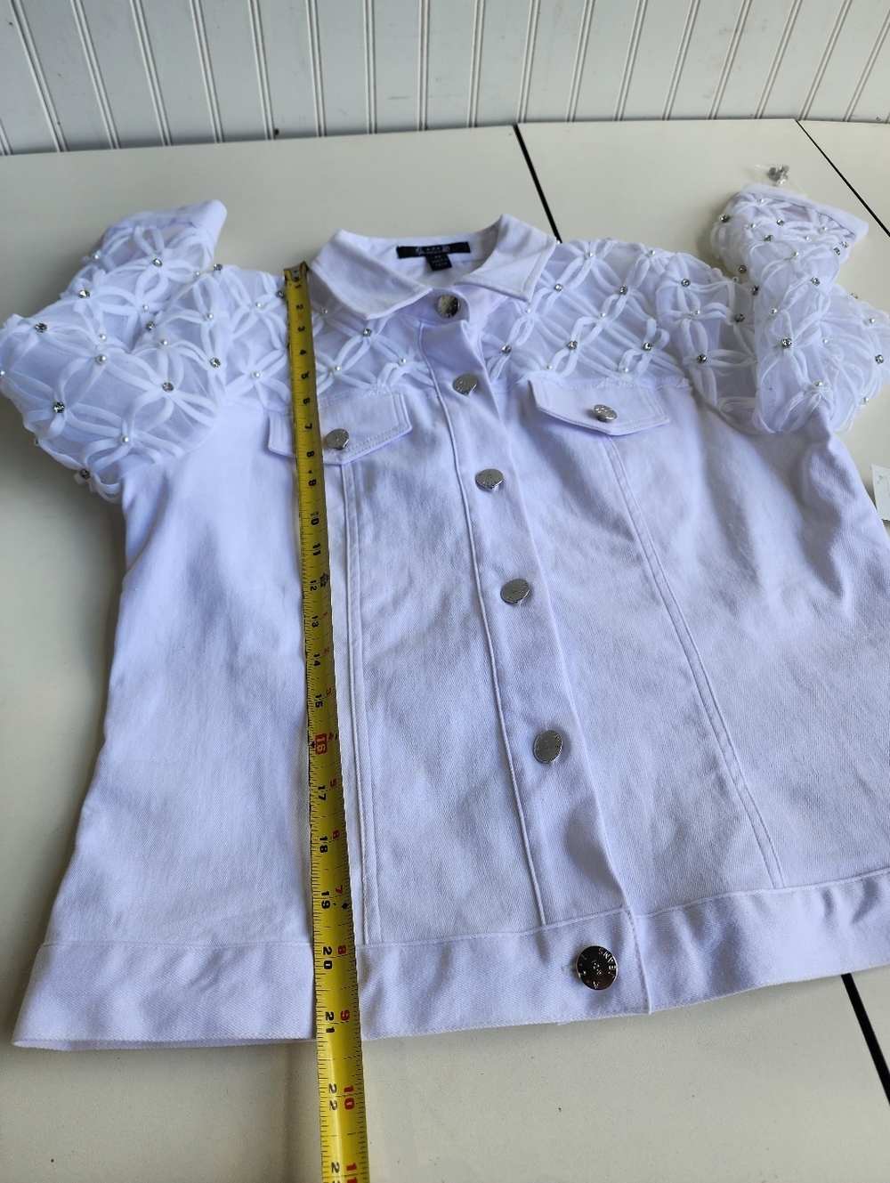 NWT AZI "Renee" White Denim JacketLace Sheer Sleeves Stretch Sz M - Picture 11 of 16